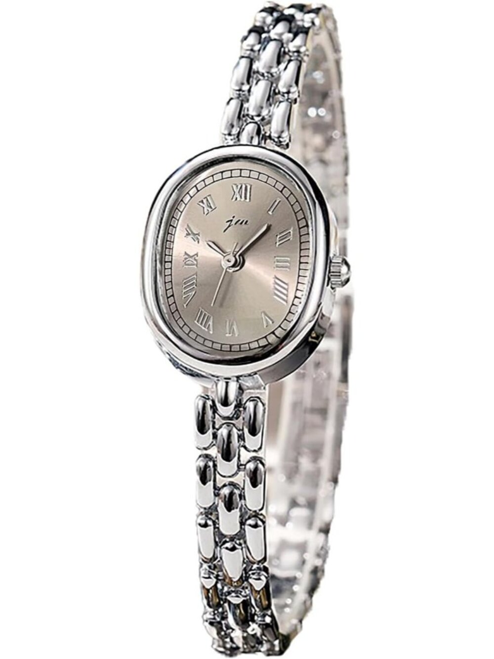 Women's Silver Grey Metal Link Band Bracelet Numeral Elegant Oval Analog Watch